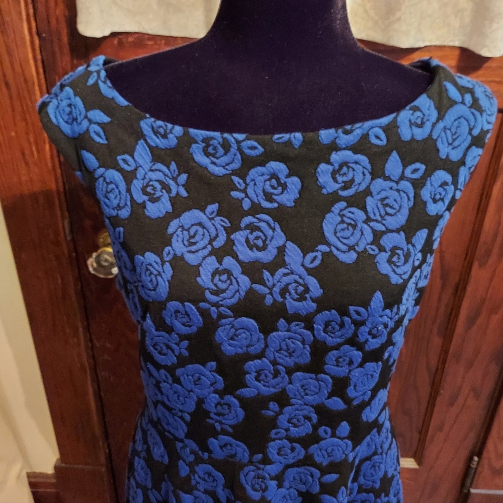 Betsey Johnson Black Dress with Royal Blue Rose Jacquard